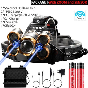 70000Lumens LED Headlight headlamp 5 LED T6 Head Lamp Power Flashlight Torch head light 18650 battery Best For Camping, fishing