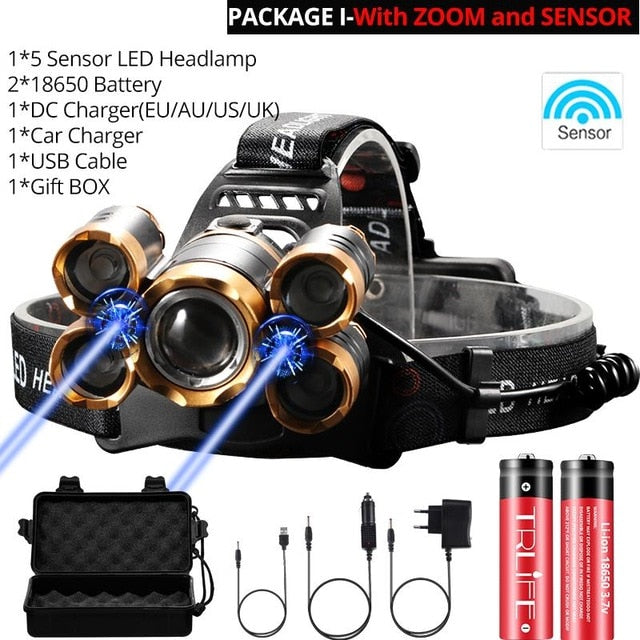 70000Lumens LED Headlight headlamp 5 LED T6 Head Lamp Power Flashlight Torch head light 18650 battery Best For Camping, fishing