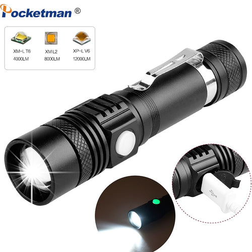 12000LM Super Bright Led flashlight USB linterna led torch T6/L2/V6 Power Tips Zoomable Bicycle Light 18650 Rechargeable