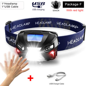 10000Lm Powerfull Headlamp Rechargeable LED Headlight Body Motion Sensor Head Flashlight Camping Torch Light Lamp With USB